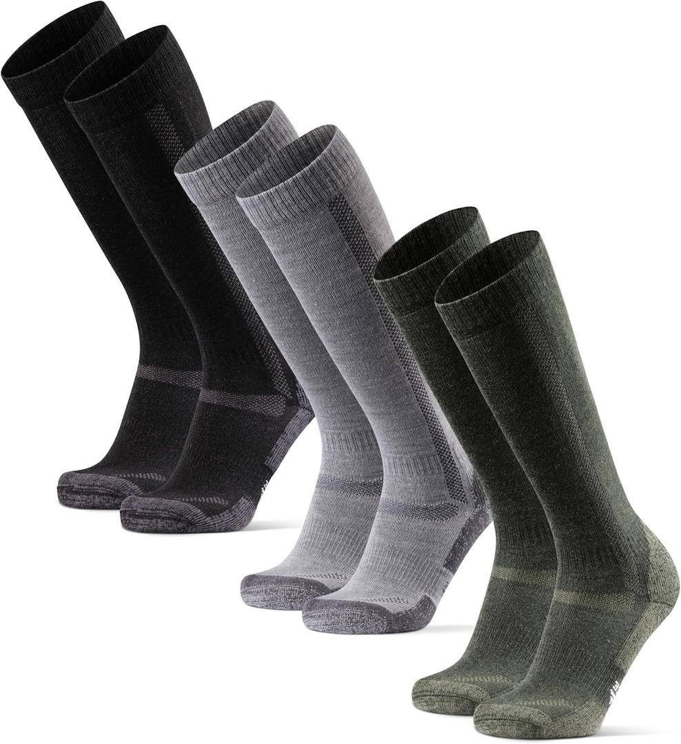 DANISH ENDURANCE Knee High Hiking Socks, Merino Wool, Long Thermal Socks, for Women & Men (Large, Multicolor (1xblack, 1xlight Grey, 1xgreen) - 3-pack)