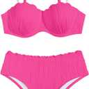 MakeMeChic Women's 2 Piece Bikini Set Textured Pearl Beaded Strap Scallop Trim High Waist Swimsuit (Large, Hot Pink)