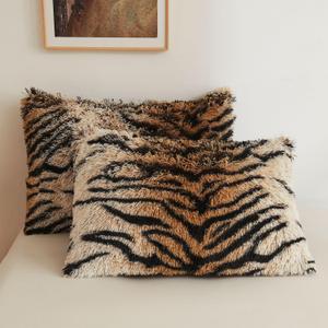XeGe Tiger Print Faux Fur Fluffy Pillowcases, Plush Shaggy Soft Long Pillow Covers, Fuzzy Decorative Pillow Cases, Furry Pillow Shams for Bed Couch Zipper Closure, 2 Pack(Standard, Tiger Print Brown)