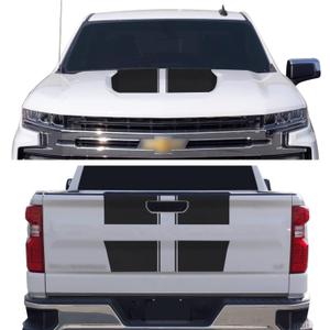 Hood & Tailgate Rally Style Stripes Graphic Overlay Pre Cut Vinyl Decal Compatible with Chevrolet Silverado 1500 2019-2021 - Matte Black