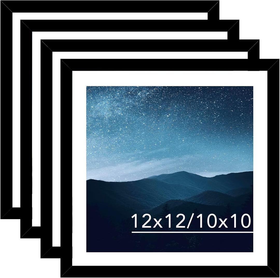 JCJMY 12x12 Picture Frame Set of 4 Black With 10x10 Mat for 30x30cm Diamond Art Painting, Display Photo 10x10 With Mat or 12x12 Without, Wall Hanging Large Frame With Plexiglass, 4 Pack