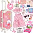 XFBB Doll Suitcase Travel Set, 18 inch Doll Clothes and Accessories - 28 Pcs Travel Pillow, Unicorn Bag, Sunglasses, Camera, Computer, Phone, Passport, Birthday Gift for Age 3 4 5 6 Year Old Girls