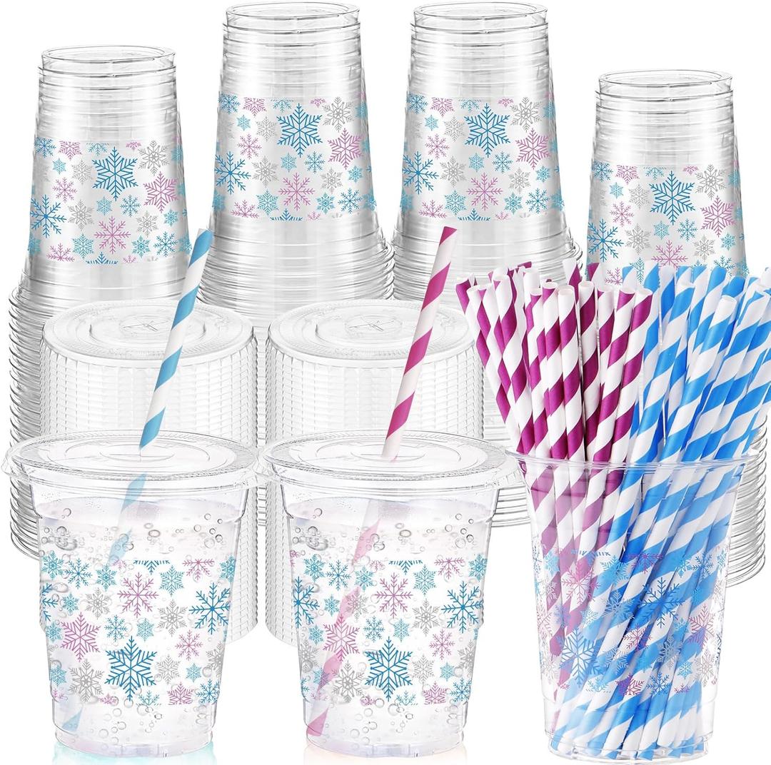 Shellwei 50 Set 16 oz Winter Snowflakes Plastic Cups with Lids and Straw Disposable Clear Ice Coffee Beverage Drinking Cups for Christmas Birthday Winter Decorations(Blue Purple)