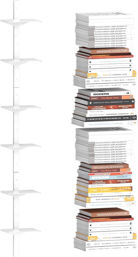 Invisible Floating Bookshelf for Wall Mounted, 3 Pack White Spine Book Tower, 6 Tier Vertical Book Organizers, Heavy Duty Metal Bookshelf for Home, Office, Bedroom, Kids Room