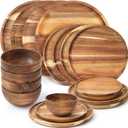 Jinei 12 Pcs Acacia Wood Plates and Bowls Set Round Wood Plates and Bowls Set of 4, Unbreakable Classic Plate Easy to Clean Lightweight for Dishes Snack, Dessert