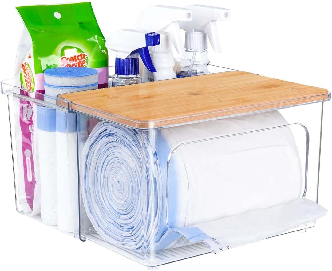 Trash Bag Dispenser Under Sink Organizer - 2 in 1 Trash Bag Holder Plastic Garbage Bags Dispenser Pods Container with Bamboo Lid, Pantry Organizers and Storage Kitchen Laundry Room Organization