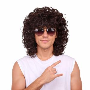 FantaLook Short Curly Brown Halloween Cosplay Wig for Men (black)