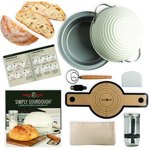 Nordic Ware Simply Sourdough Complete Bread Baking Kit BAKING PAN INCLUDED, Dual use Banneton lid, 22pg Guide book w/Recipes, Danish Whisk, Starter Jar, Cutter, Lifting Mat, Scraper, Cotton Liner, 9pc Kit