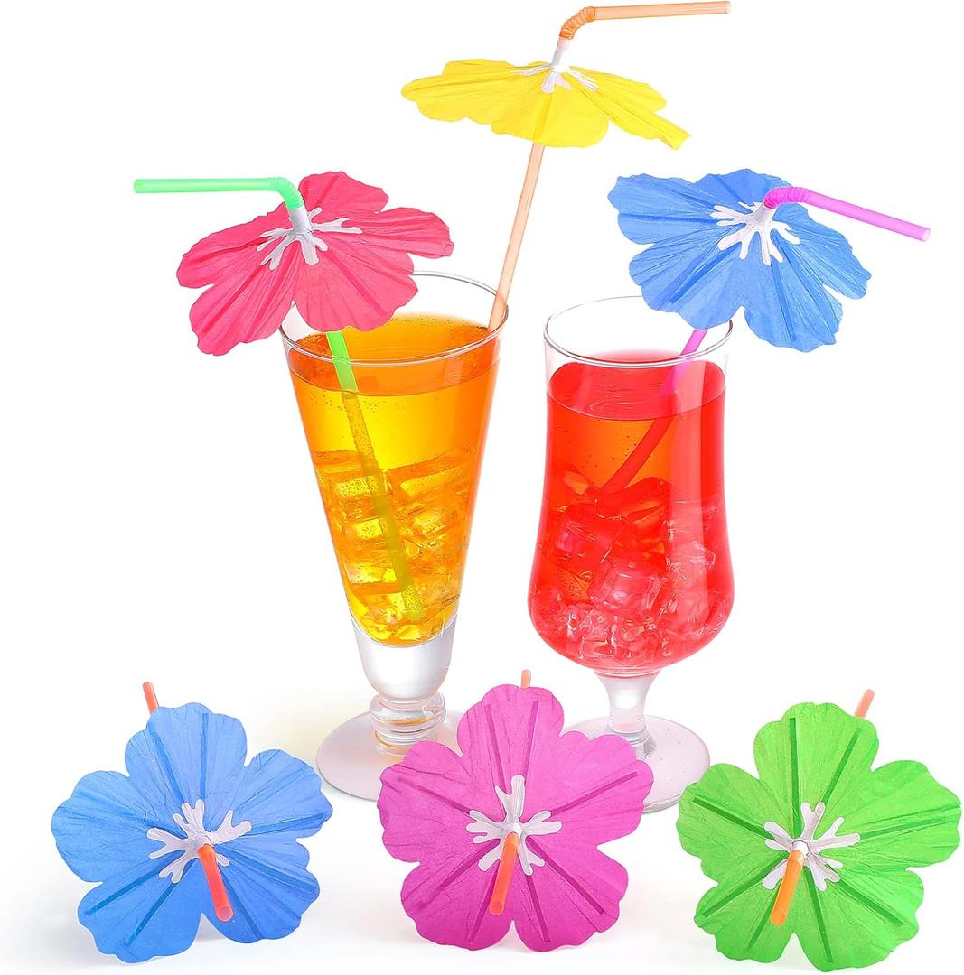 Chengu 100 Pieces Umbrella Straws for Drinks Hawaiian Cocktails Umbrella Straws Summer Beach Luau Tropical Drinks Party Decorations Supply, Colorful(Hibiscus)