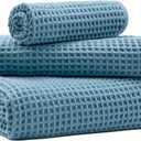 New Microfiber Waffle Bath Towels, 3 Pieces, Oversized, Soft, Absorbent, Fast Drying, Lint Free, Includes Bath, Face and Hand Towels 430 GSM (Blue)