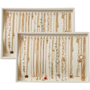 Large Velvet Jewelry Tray 2 Pack Stackable Jewelry Display Drawer Inserts Trays Organizer for Earring Bracelet Necklace Ring (Beige, 20 Hooks)