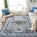 Washable Area Rugs 5x7, Low Pile Soft Vitnage Distressed Rug for Bedroom, Living Room, Dining Room, Non-Slip, Low Pile, Blue