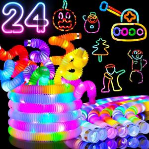 Easter Basket Stuffers 24-Pack Light Up Glow Sticks Fidget Pop Tubes Kids Party Favors Toddler Sensory Toys Bulk, Goodie Bag Fillers Birthday Return Gifts Treat Prizes, LED Glow in Dark Party Supplies