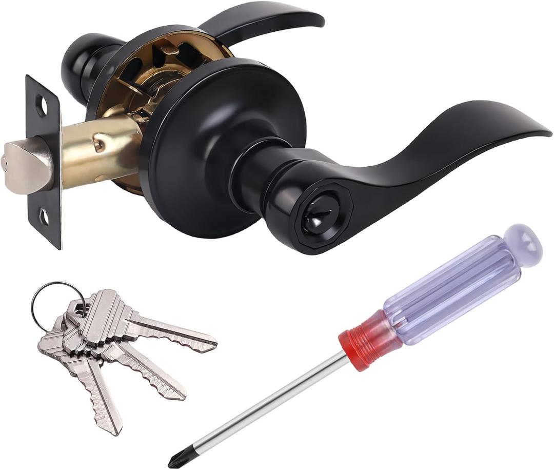 Matte Black Keyed Entry Door Handle, Wave Style Door Lever Lock with 3 Keys, Exterior Office Front Door Handles with Screwdriver, Keyed Reversible Door Handle, 1 Pack