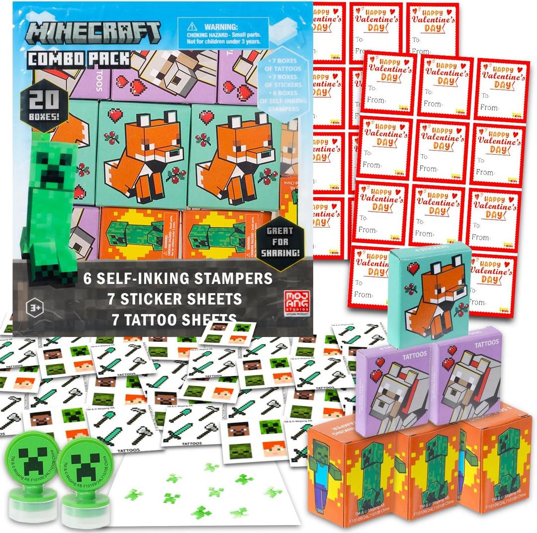 Minecraft Valentine's Day Classroom Gift Exchange Set - Bundle with 20 Party Favor Boxes with Stickers, Tattoos, Stampers for Classroom Party | Minecraft Valentines Party Favors