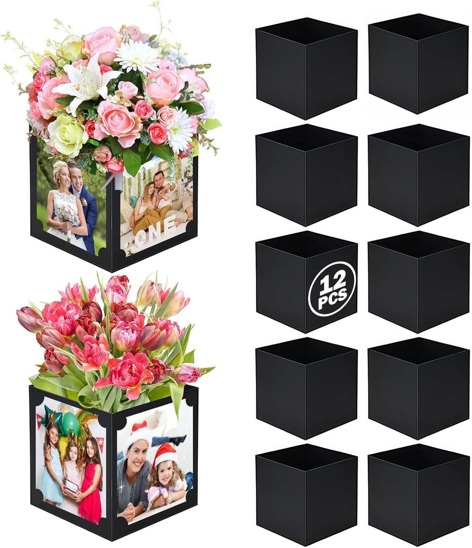 12 Pcs Picture Centerpiece for Table Photo Display, 7x7x9in Photo & Flower Table Centerpiece Picture Frame Box Suitable 4x6/5x7in Photo for Valentine's Day Graduation Birthday Wedding Decor (Black)