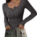 PRETTYGARDEN Women's 2025 Summer Fall Long Sleeve Henley T Shirts Button Ribbed Knit Slim Fit Casual Basic Tops Blouse (X-Large, Dark Grey)