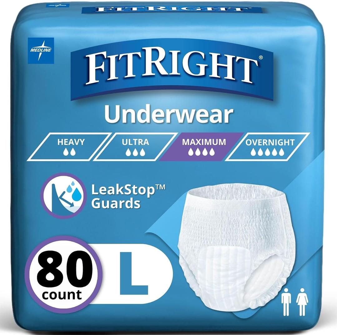 FitRight Super Adult Incontinence Underwear, Maximum Absorbency, Large, 40"-56", 4 Packs of 20 (80 Total) (Black, M)
