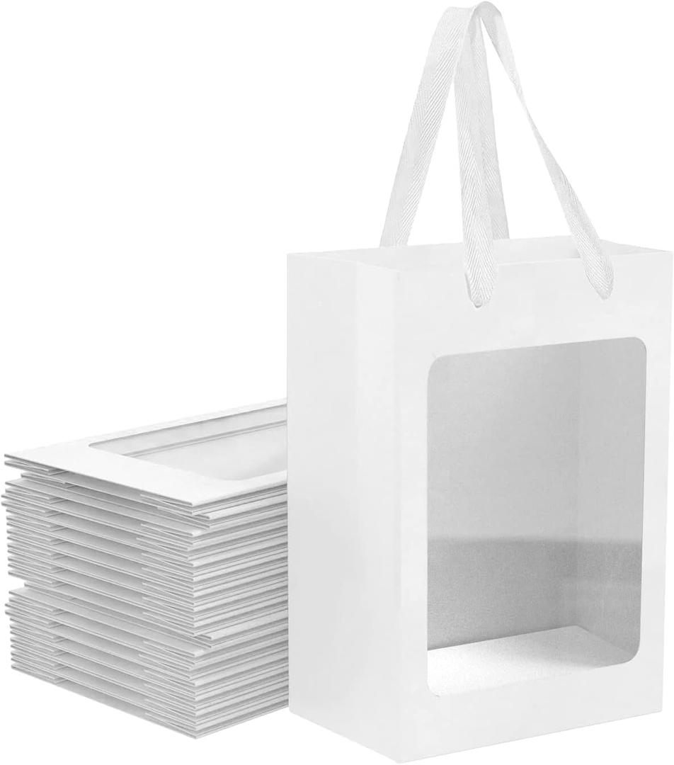 BallHull 24 Pcs White Kraft Paper Gift Bags with Transparent Window, 9.84"x7.0"x5.12" Kraft Shopping Bags with Handles for Bouquet Christmas Birthdays Festivals Party Weddings Wrapping