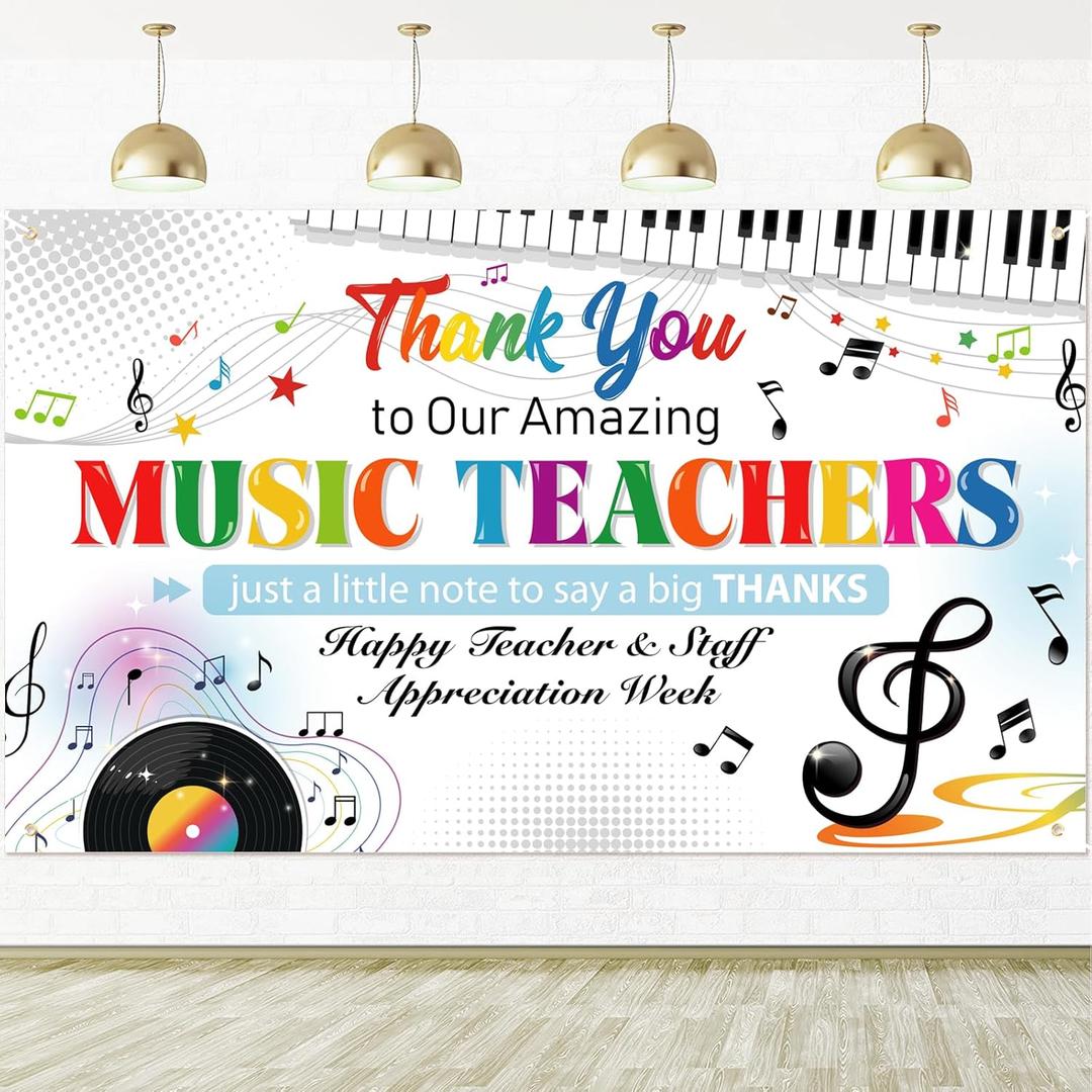 HOWAF Music Teacher Appreciation Backdrop Banner, Thank You Music Teachers Background Banner for School Classroom Decorations, Thank You Musical Teachers Hanging Sign for Teacher's Day Supplies