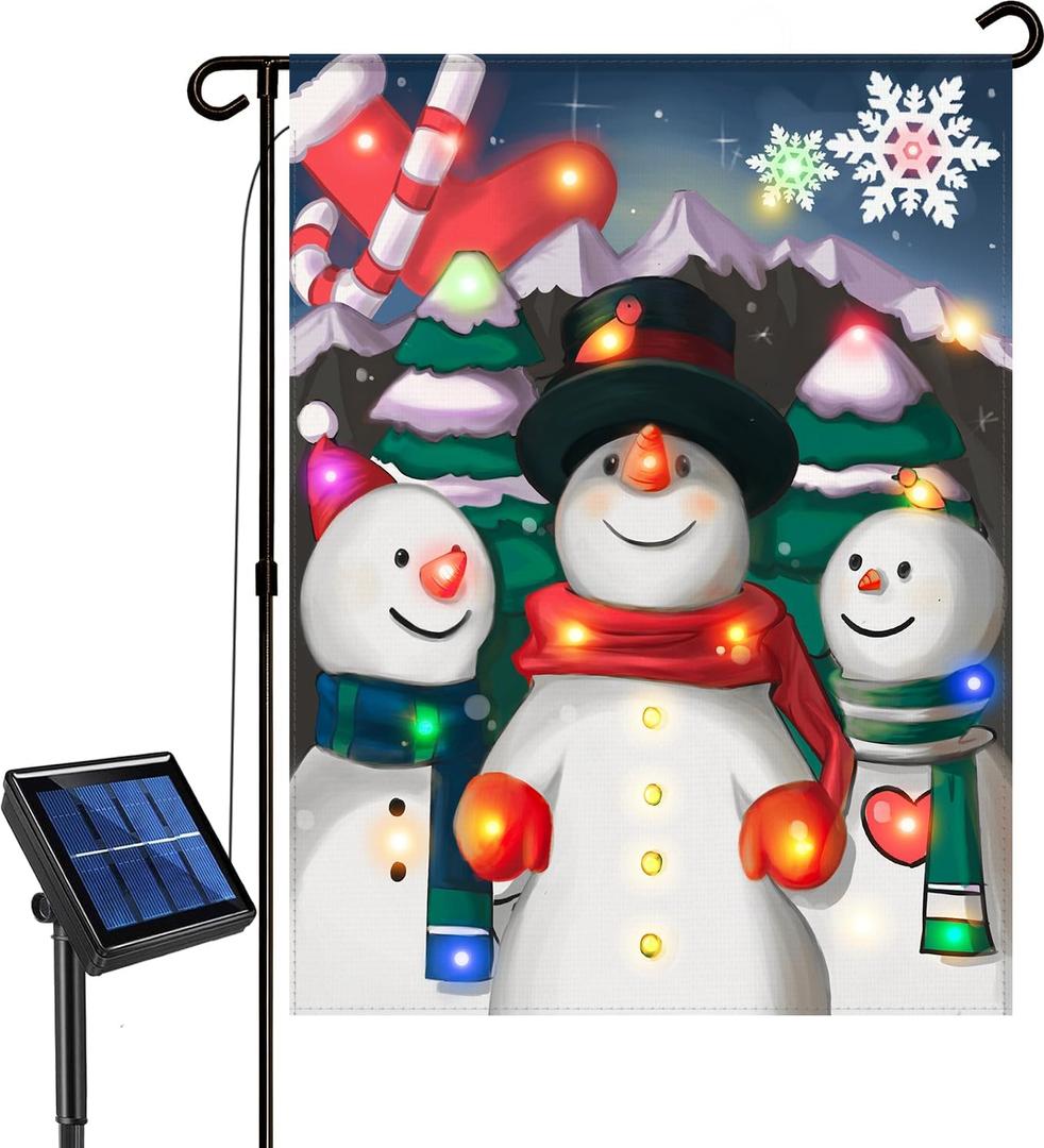 Lighted Christmas Garden Flag, Solar Outdoor Decorative Led Snowman Choir Flags Yard Decor, 8 Lighting Modes Led Flag,12x18 Double Sided Winter Decorations for Home Porch Outside