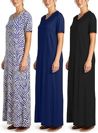 Real Essentials 3 Pack: Women's Soft Maxi Long Nightshirt Short Sleeve Soft Nightgown Sleep Dress (Plus Size)