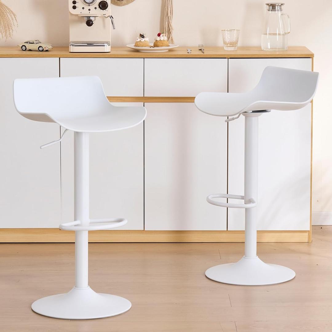 YOUNIKE White Adjustable Height Bar Stools Set of 2 Plastic Swivel Barstool with Low Back Modern Kitchen Counter Island Bar Chairs for Breakfast Nook Cafe Bars Office, 16.5X13.8X35.8"White