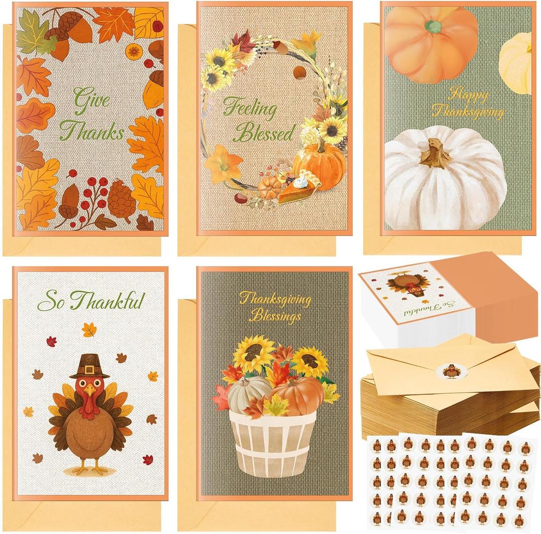 50 Sets Cards with Envelopes and Stickers Blank Inside Funny Card 5 Style Designs Greeting Card(Thanksgiving Day Style)