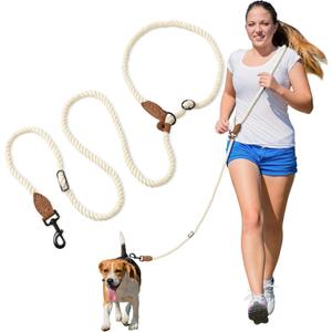 Mile High Life Hands Free Dog Leash, Crossbody Waist Leash with Genuine Leather Connection, Multifunctional Adjustable Slip Lead for Dog Walking Running (Cream, 7FT)