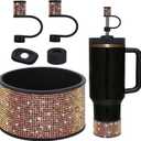 Rhinestone Stanley Cup Accessories Set, Diamond Glitter Silicone Boot for Stanley Accessories 40oz (Fit 30 oz, Black Gold)