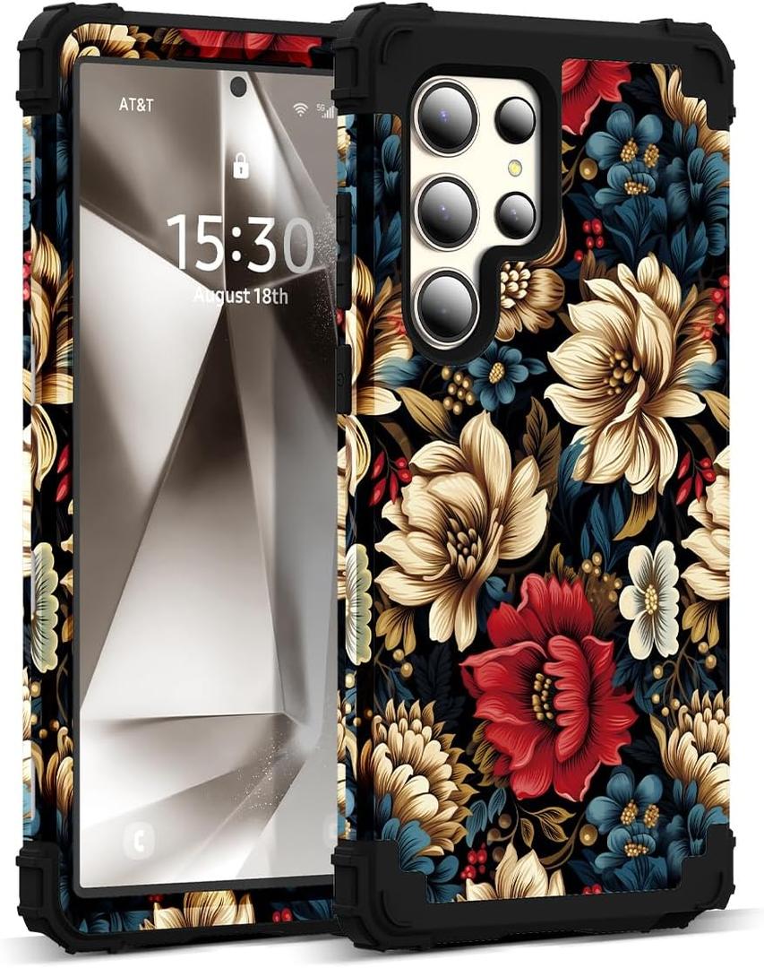 for Galaxy S23 Ultra Case,3 in 1 Floral Pattern Heavy Duty Shockproof Protection Soft Silicone Rubber Bumper+Hard Plastic Protective Cover for Samsung Galaxy S23 Ultra 6.8",Black Flower