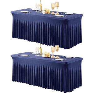 2 Packs Navy Blue Table Clothes for 8 Foot Rectangle Tables, One-Piece Wrinkle Resistant Stretch Spandex Table Covers with Table Skirt for Event Banquet Wedding Birthday Party
