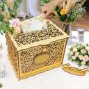 OurWarm Glittery Gold Wedding Card Box with Lock, Wood Gift Card Box for Wedding Reception, Envelope Box for Party Graduation Birthday Baby Shower Decorations