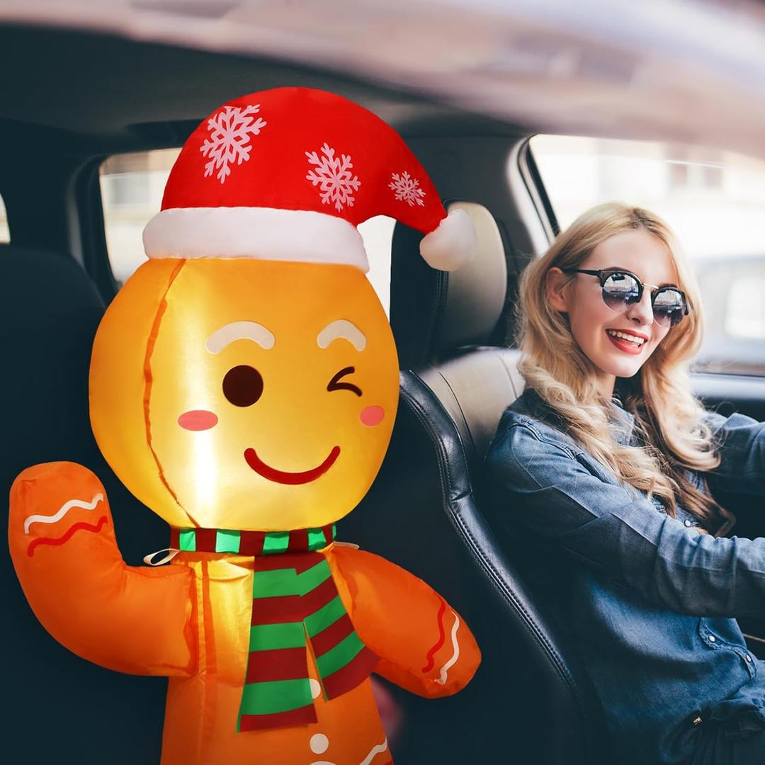 ROCEEI Christmas Inflatable Car Decoration Christmas LED Lights Decoration Xmas Blow Up Decor for Xmas Holiday Car Accessories(Red Hat Gingerbread Man)