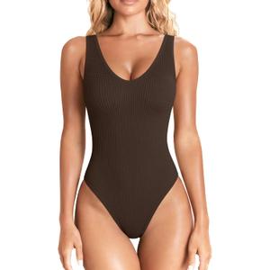 OQQ Womens Tummy Control One Piece Swimsuit  Crinkle Textured Swimwear Full Coverage Slimming Bathing Suit (Small, Darkbrown)
