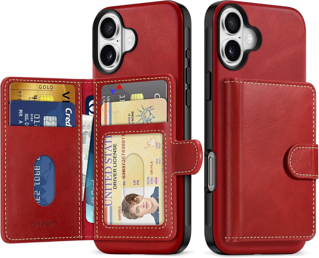 SHIELDON Wallet Case for iPhone 16 Plus 6.7" 2024, Genuine Leather Non-Detachable Magnetic RFID Blocking Card Holder, Slim Shockproof Protective Case Compatible with iPhone 16 Plus - Retro Red