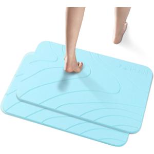 2 Pack Diatomaceous Earth Shower Mat, Stone Bath Mat, Nonslip Super Absorbent Fast-Drying Hard Bath Mat for Bathroom Shower Floor, 23.62 x 15.35 inch, Blue-Green