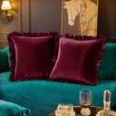 Velvet Throw Pillow Covers Set of 2, Soft Decorative Ruffle Cushion Cases for Couch Sofa Bedroom, 18 x 18 Inches, Red