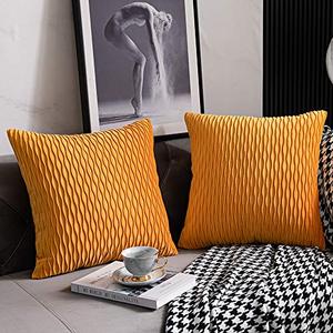 DEZENE Fall Golden Yellow Couch Pillow Covers: 2 Pack 20x20 Inch Original Striped Velvet Square Throw Pillow Cases for Farmhouse Home Decor