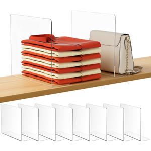 HBlife Acrylic Shelf Dividers for Closet Organization, 8 Pack Clear Sturdy Separate Closet Dividers for Shelves, Adjustable Purse Organizer for Sweater, Shirts, Handbags, Books in Bedroom and Kitchen
