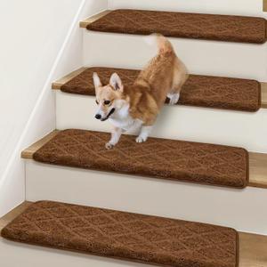 Bullnose Stair Treads Non Slip 9.5" x 32", 14 Pcs Carpet Stair Treads for Wooden Steps Indoor with Edge Protection, Reusable Peel and Stick TPU Backing Stair Runner Rugs - Diamond Pattern Brown