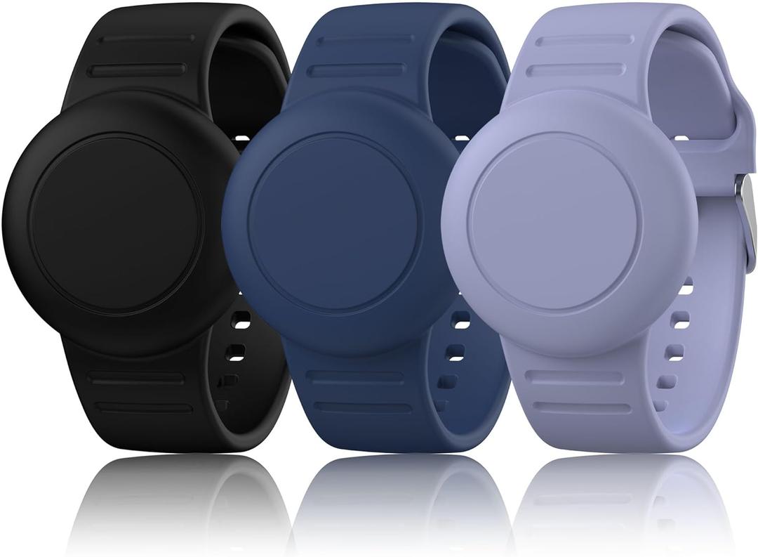2 Pack Waterproof Air Tag Bracelet for Kids, Soft Silicone Air tag Holder for Apple Air Tag Case, Adjustable Anti Lost Watch Band for Kids 3 Years Old and up (Black/Bluegrey)