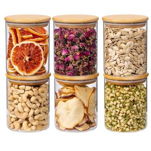 Xoniwis 25oz 6PCS Round Airtight Glass Food Storage Jars, Clear Glass Food Storage Container with Bamboo Lid, Stackable Spice Jar, Kitchen Canister for Sugar, Tea, Coffee bean, Pasta, Oat, Spice