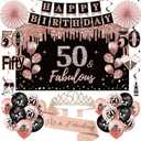 50th Birthday Decorations for Women, 33pcs 50th Birthday Crown and Sash, Black Rose Gold Happy 50th Birthday Banner Balloons Backdrop Hanging Swirls Paper Fans, 50 Years Old Birthday Decorations Kit