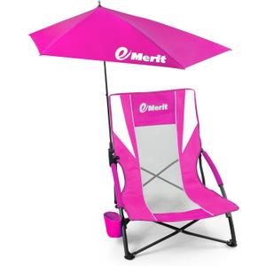 EMERIT Low Beach Chairs for Adults with Removable UPF 50+ Umbrella, Lightweight Folding Backpack Camping Chair with Cup Holder, Portable Sand Chair for Beach, Picnic, Lawn