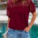 PRETTYGARDEN Women's 2025 Summer Crew Neck Short Sleeve Shirts Lace Going Out Sheer Mesh Crop Tops Dressy Casual Blouses (Red, L)