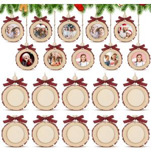 Round Picture Frames Wooden Christmas Picture Frame Ornaments for Christmas Tree Hanging Photo Ornaments Using My Own Photos (Black and Red,Bow)