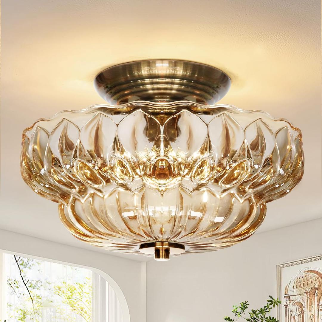 Semi Flush Mount Ceiling Light,11IN Vintage Gold Hallway Lights Fixture,3-Bulb Globe Amber Glass Close to Ceiling Light for Bathroom, Hallway, Dining Room,Bulb Not Included