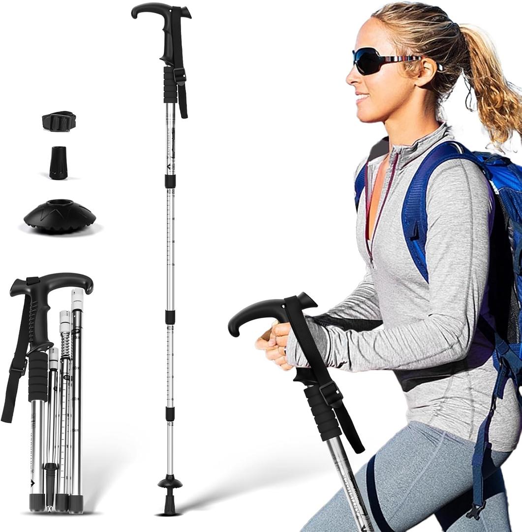 Telescopic Walking Cane 43 Inch with Anti-Shock & T-Grip Handle - 7075 Aluminum Quick Lock Trekking Pole, Ultralight for Hiking, Camping, Mountaineering (Silver)