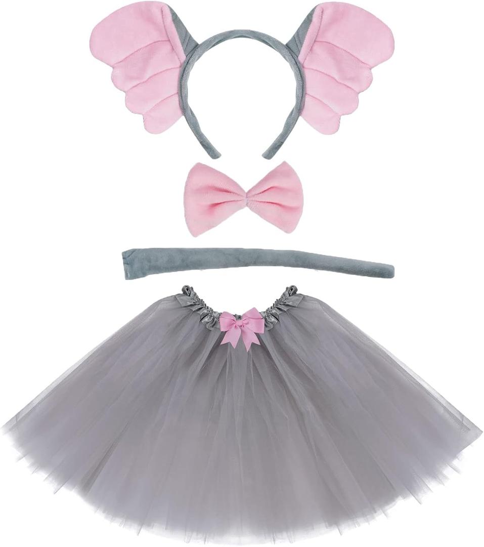 Dxhycc Grey Elephant Costume Set Elephant Ears Headband Bow Tie Tail Tutu for Animal Fancy Costume Kit Halloween Cosplay Party
